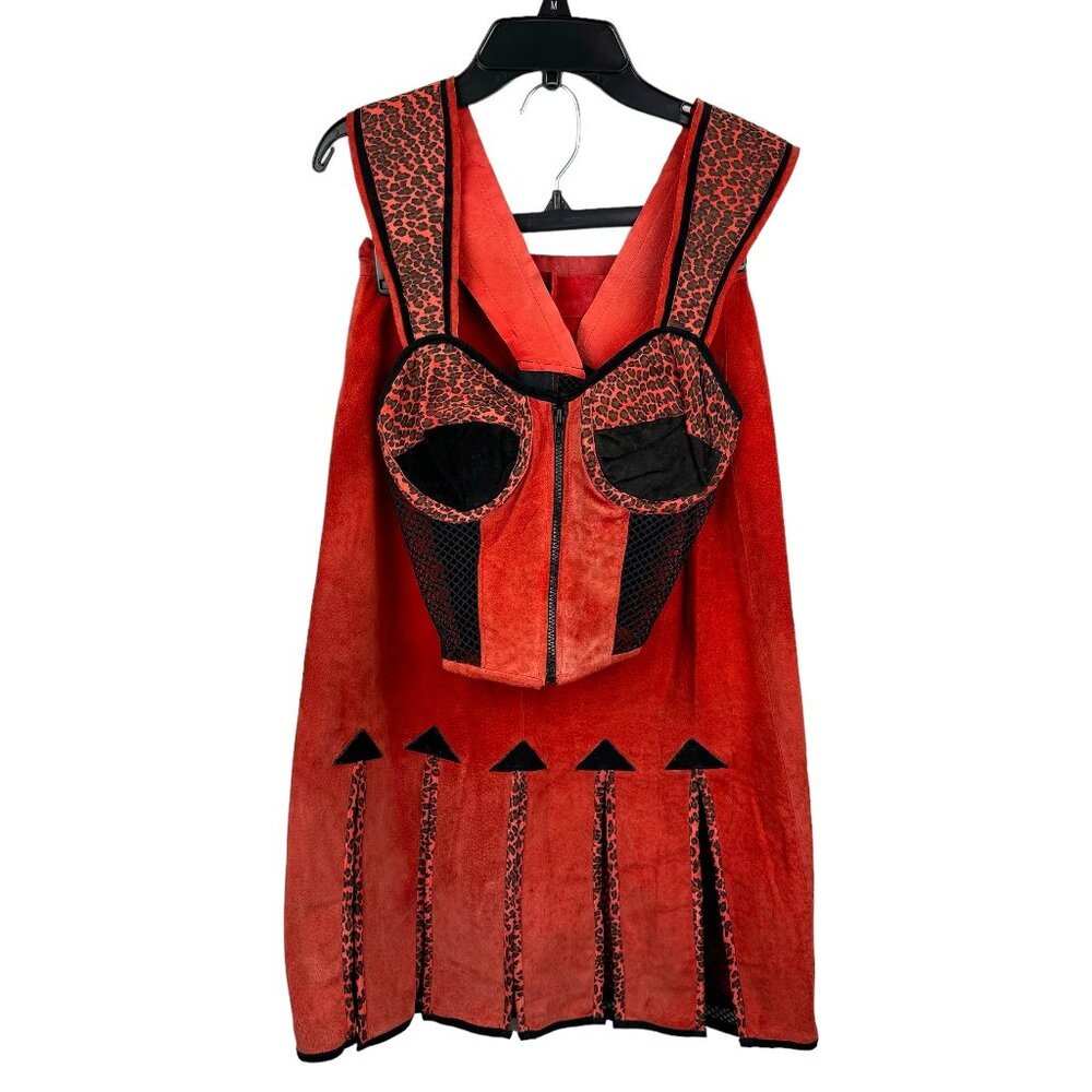 Vintage 70s Kali American Bustier Skirt Set Womens XS RedBlack Animal Print Mesh